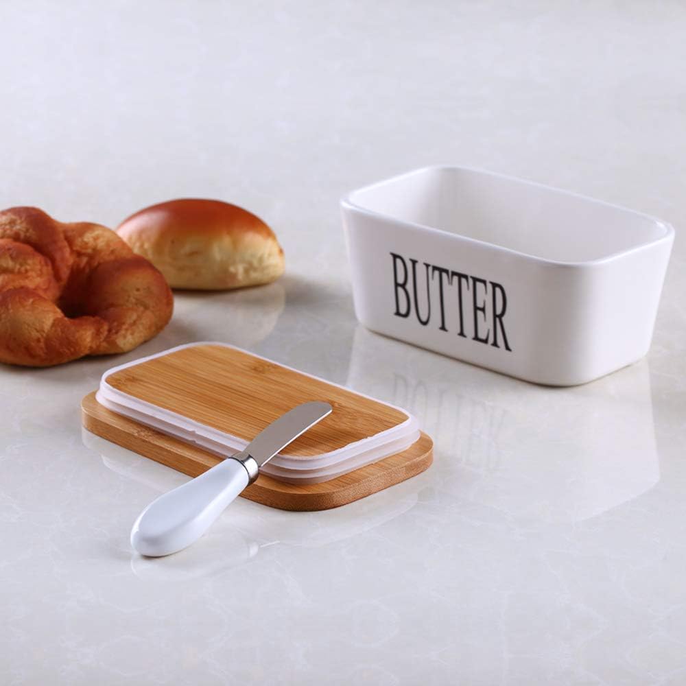 Ceramic Butter Container with Knife & Bamboo Lid for Kitchen Storage
