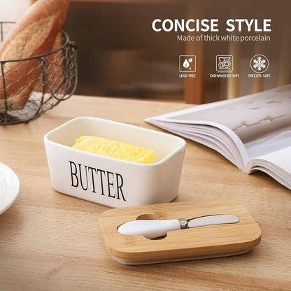 Ceramic Butter Container with Knife & Bamboo Lid for Kitchen Storage