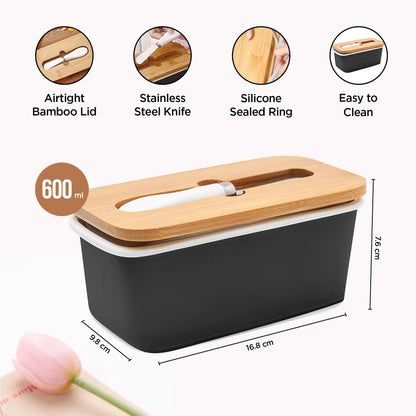 Ceramic Butter Container with Knife & Bamboo Lid for Kitchen Storage