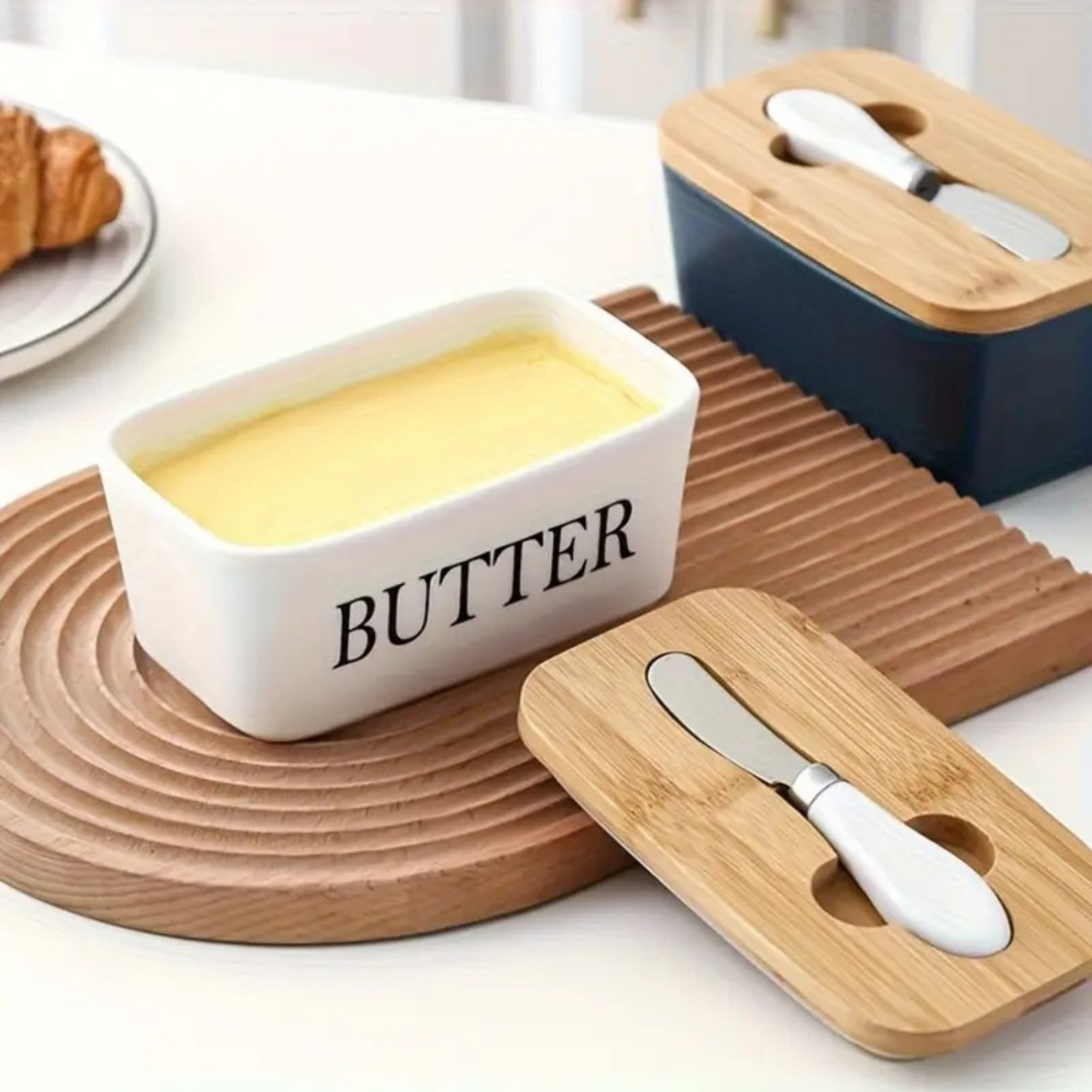 Ceramic Butter Container with Knife & Bamboo Lid for Kitchen Storage