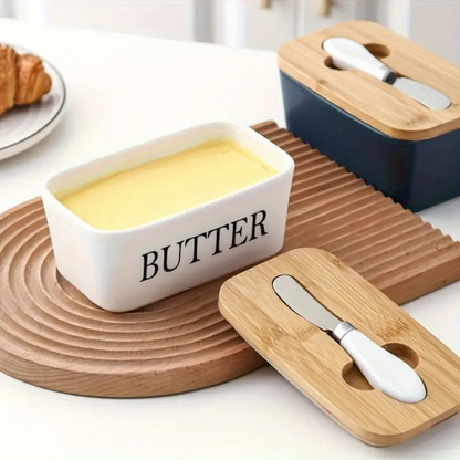 Ceramic Butter Container with Knife & Bamboo Lid for Kitchen Storage