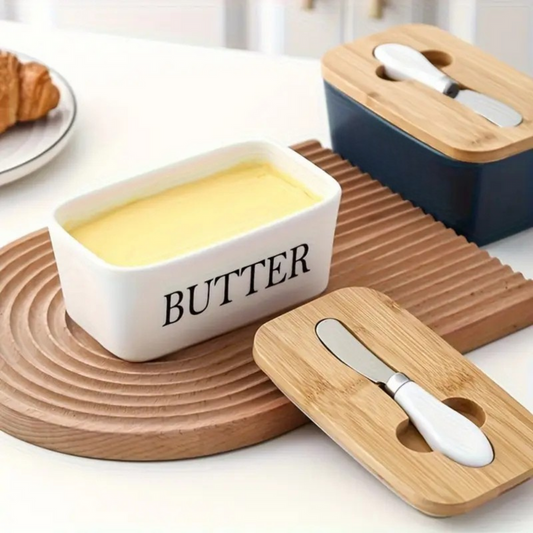 Ceramic Butter Container with Knife & Bamboo Lid for Kitchen Storage