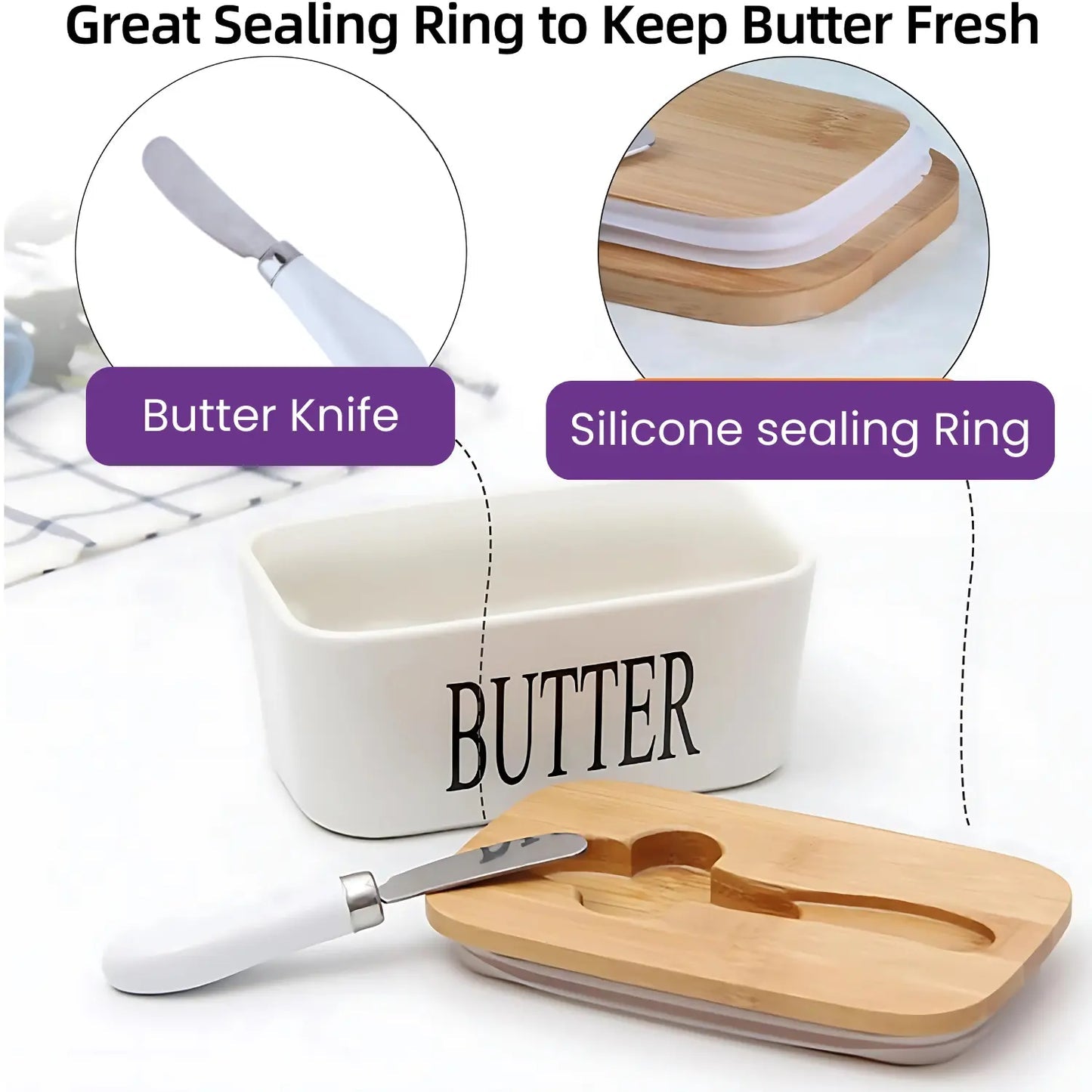 Ceramic Butter Container with Knife & Bamboo Lid for Kitchen Storage