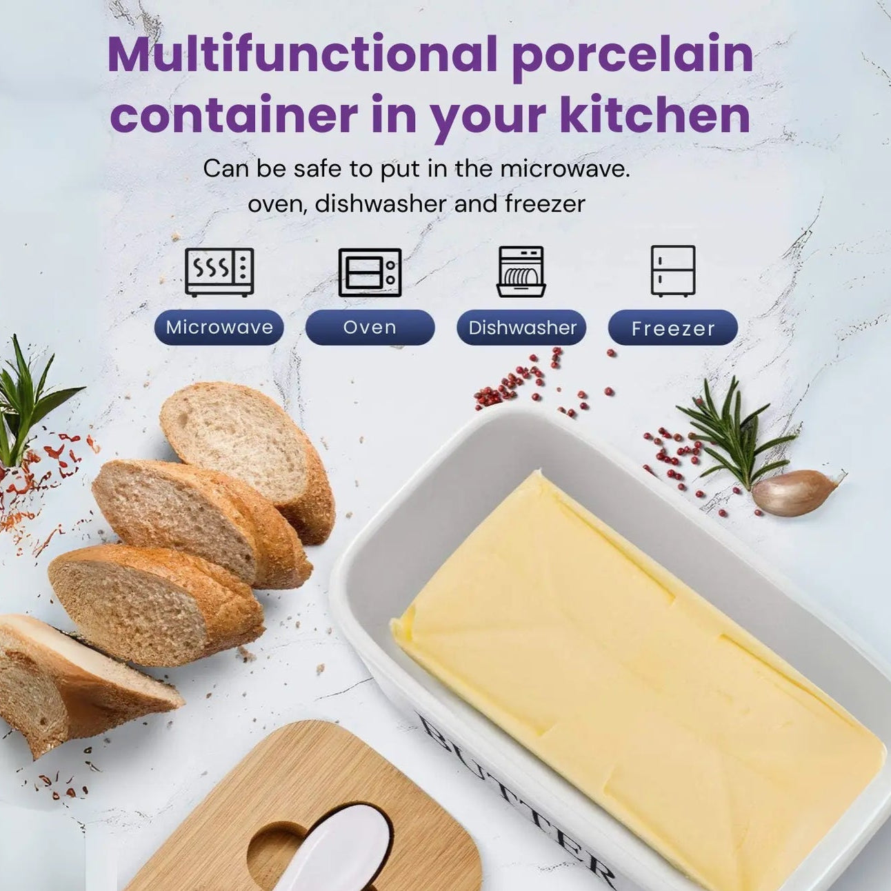 Ceramic Butter Container with Knife & Bamboo Lid for Kitchen Storage