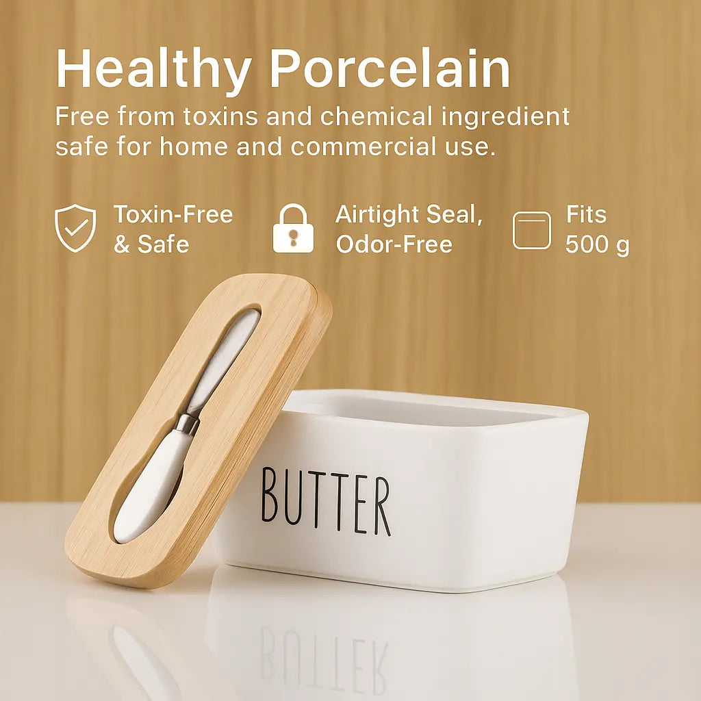 Ceramic Butter Container with Knife & Bamboo Lid for Kitchen Storage