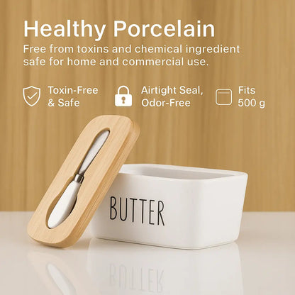 Ceramic Butter Container with Knife & Bamboo Lid for Kitchen Storage