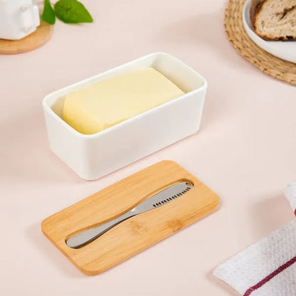 Ceramic Butter Container with Knife & Bamboo Lid for Kitchen Storage